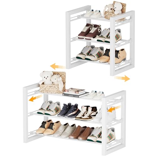 Homeiju Expandable Shoe Rack, 3 Tier Metal Shoe Shelf, Adjustable Shoe Stand for Sneakers, Boots, Heels, Heavy-Duty Steel Standing Shoe Organizer for Entryway, Closet, Bedroom, White - color: White, size: 3-Tier
