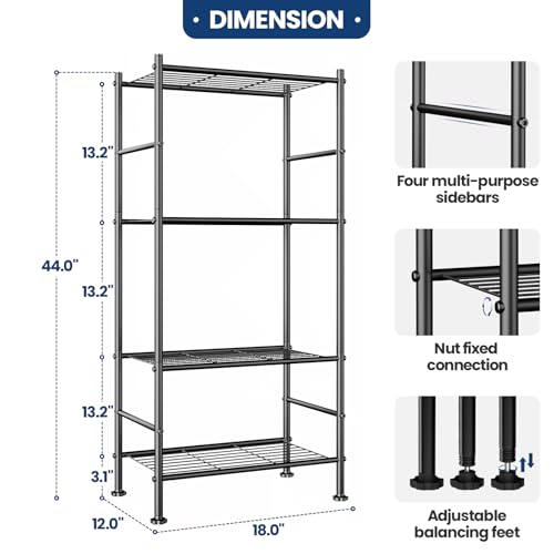 Abiglifty Storage Shelves, 4-Tier Wire Shelving, Metal Shelving with Adjustable Leveling Feet, Garage Storage for Bathroom, Closet, Kitchen - size: 4 Tier