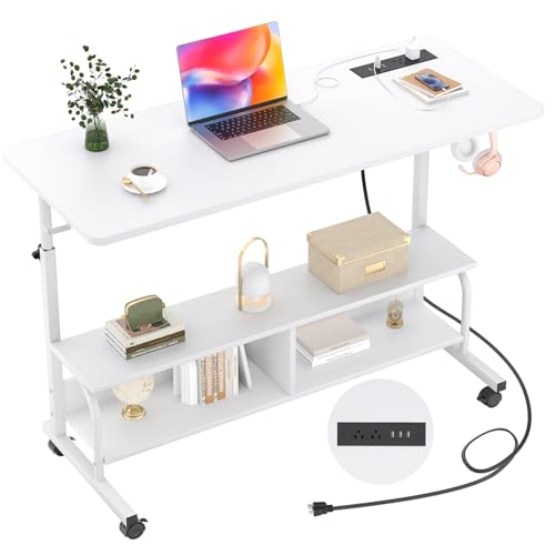 Armocity Rolling Standing Desk with Charging Station, Portable Height Adjustable Mobile Computer Desk with Wheels & 2-Tier Shelves & Hooks, Easy Assembly Laptop Table for Couch Bed, 47" White - color: White, size: 47''