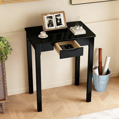Solid Wooden Desk with Drawers - 24 x 16 Inch Narrow Desks for Small Spaces, Rubberwood Simple Study Table, Small Writing Desk for Bedroom - Modern Black Desks - color: Black, size: 23.6 in W x 15.7 in D