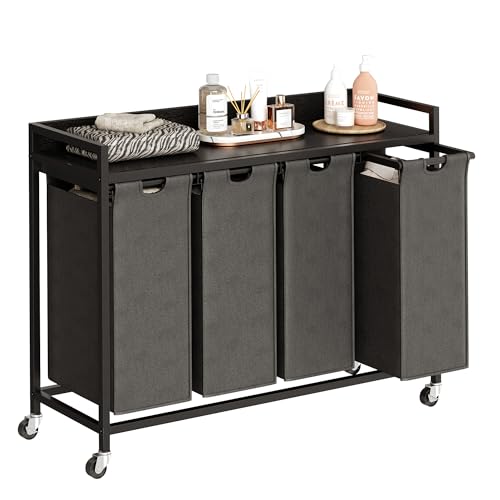 Herture Laundry Hamper with Shelf, Laundry Basket 4 Section, Laundry Sorter with Pull-Out Removable Large Bags and Movable Wheels, Metal Frame, 4 x 15.87 Gallons (60L), Black and Gray PF07XLB - color: Black + Gray, size: 4 Bags-240 L