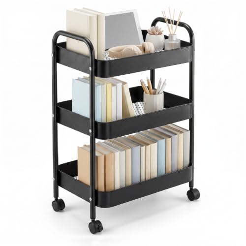 3-Tier Carbon Steel Rolling Cart for Dorm, Black | Utility Cart College Essentials with 360° Swivel Lockable Wheels, Book Cart Self Organizer for Girls Bedside Snack Storage