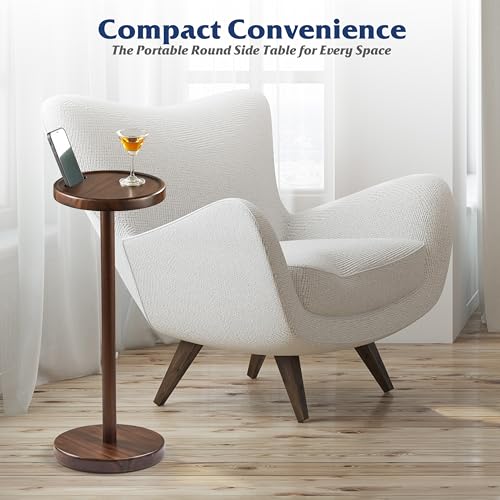 BLUEWEST Drink Table, 22" Tall Compact Side Table with Phone Slot and Weighted Base, Durable Pedestal Table Accent for Living Room (Flat, Walnut) - color: Medium Walnut