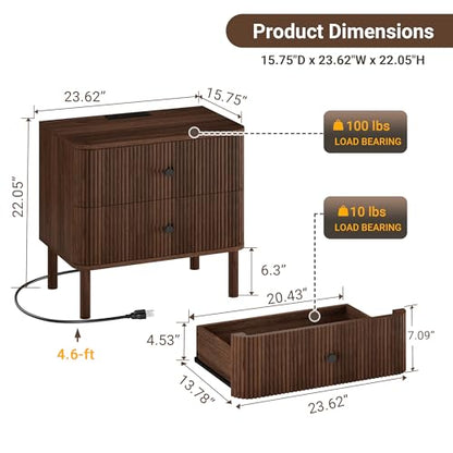 23" Fluted Nightstand with Soft Rounded Drawer Fronts & Solid Wood Cylindrical Legs, 2 Drawer Walnut Night Stand with Charging Station, End Table w/Metal Knobs, Bedside Table for Bedroom - color: Walnut - Rounded Drawer, size: 23"W