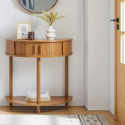Entryway Table, Half Moon Fluted Console Tables with Storage, Mid Century Modern Small Half Round Sofa Tables for Hallway, Narrow Curved Accent Decor Table for Living Room (Mid-Century Modern, Walnut)