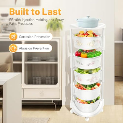 5-Tier Adjustable Kitchen Storage Rack,5 Layer Rotating Vegetable Organizer with Lockable Casters,Multi-Layers Rotatable Baskets for Kitchen Bathroom Living Room,White - size: 5-Tier