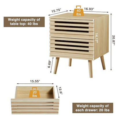 weselon Small Nightstand Set of 2, Boho End Tables with 2 Storage Hollowed-Out Drawers, Bedroom Bedside Table Storage Side Table for Bedroom Living Room (2, Natural Oak)