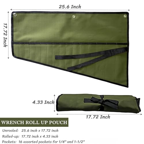 BLIRITEL 16 Pockets Wrench Roll Up Pouch, Wrench Roll Organizer and Tool Storage, Rolled Tool Pouch for Mechanic Electrician Craftsman (Green) - color: Green