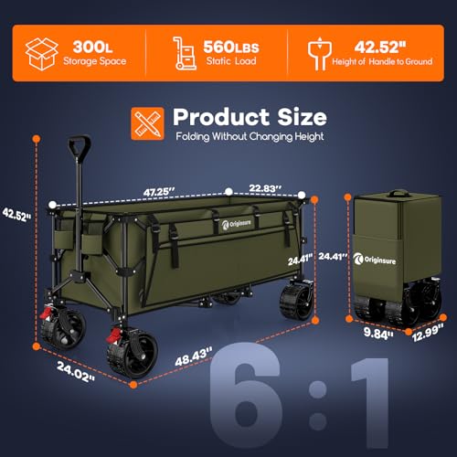 Originsure 300L Collapsible Beach Wagon Cart with Big Wheels, 560lbs, Green | 48" Foldable Utility Wagon,7" All-Terrain Wheels,Heavy Duty Frame,Compact&Space-Saving,for Camping,Sports,Grocery,Garden - color: Green
