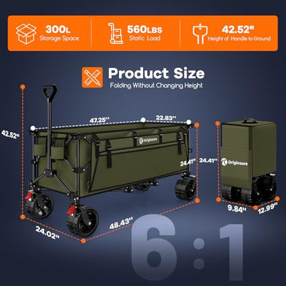 Originsure 300L Collapsible Beach Wagon Cart with Big Wheels, 560lbs, Green | 48" Foldable Utility Wagon,7" All-Terrain Wheels,Heavy Duty Frame,Compact&Space-Saving,for Camping,Sports,Grocery,Garden - color: Green