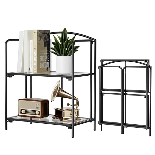 Crofy 2-Tier Foldable Bookshelf, Black Frame & Transparent Shelves | No-Assembly Collapsible Portable Storage Organizer; Sturdy Transparent Shelves; Ideal for Living Room & Home Office - color: Black Frame & Transparent Shelf, size: 2 Tier