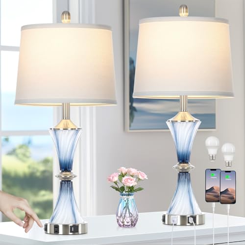 Rinweey Blue Glass Table Lamp Set of 2 with USB C+A Ports & AC Outlet, Bedside Lamp, Modern Bedroom Lamps, Coastal Lamp for Night Stands Bedroom Living Room,Nightstand Lamp LED Bulbs Included - color: Blue