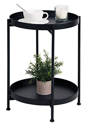 Tiita Round End Table Mental 2-Tier Side Table Nightstand/Small Iron Tables Accent Coffee Table for Living Room Bedroom Office Small Space - color: Teatable-black