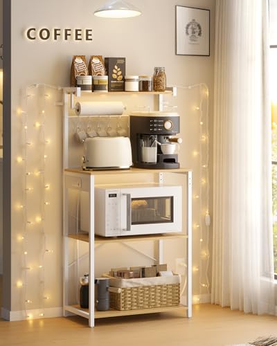VASAGLE BARNET Collection - Kitchen Bakers Rack with Power Outlet, 23.6-Inch Wide Coffee Bar 4-Tier with 8 S Hooks, Modern Microwave Stand, Adjustable Shelf, Golden Oak and Cloud White UKKS014Y01V1 - color: Golden Oak + Cloud White, size: 23.6"W