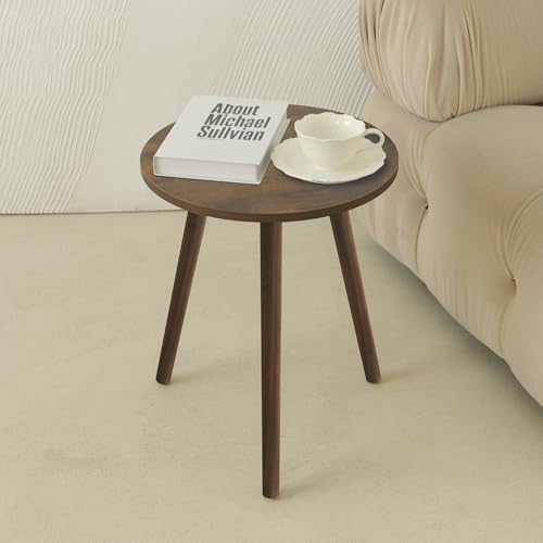 AWASEN Round Side Table, Small End Table for Living Room, Modern Wood Accent Coffee Side Table with Wood Legs for Small Space, Easy Assembly, Rustic Brown - color: Dark Rustic Brown