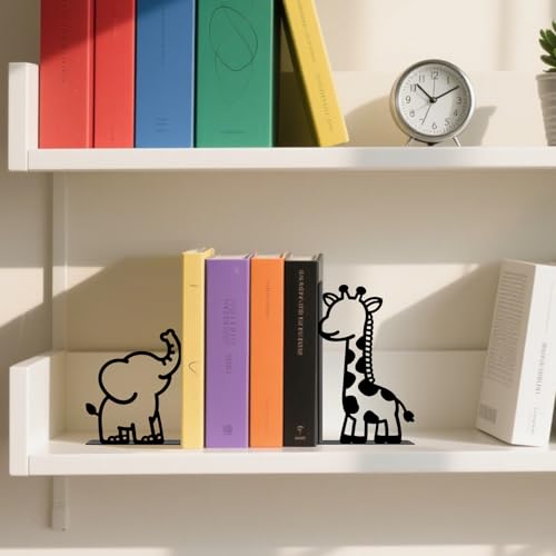 Metal Bookends Giraffe Elephant Bookends Decorative Cute Animals Book Ends for Shelves Bookshelf Reading Decor Space-Saving Desk Organizer for Bedroom Home Nursery - style: Giraffe Elephant