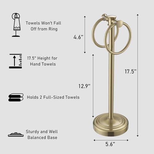 Hoimpro 17" Brushed Gold Free Standing Towel Rack Bracket, Double Towel Ring Hand Towel Stand Holder, Bathroom Hardware Accessories Set Towel Bar for Bathroom Vanities and Kitchen Countertops - color: Brushed Gold