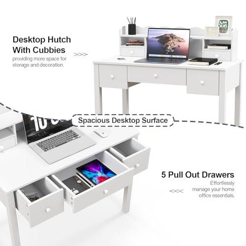 FUNKOCO White Writing Desk with Hutch & 5 Drawers - 40 Inch Modern Computer Workstation for Home Office, Teen Desk, Small Study Desk, Ideal for Gift - color: 3-large White