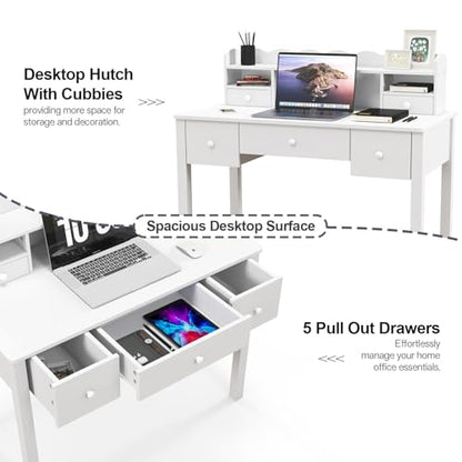 FUNKOCO White Writing Desk with Hutch & 5 Drawers - 40 Inch Modern Computer Workstation for Home Office, Teen Desk, Small Study Desk, Ideal for Gift - color: 3-large White