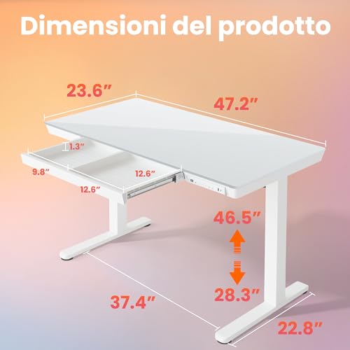 HUANUO Glass Standing Desk with Drawers, 48 X 24 Inch Electric Adjustable Height Desk, Quick Install One-Piece Tabletop with USB Charging Ports, White - color: White, size: 48*24 Inch