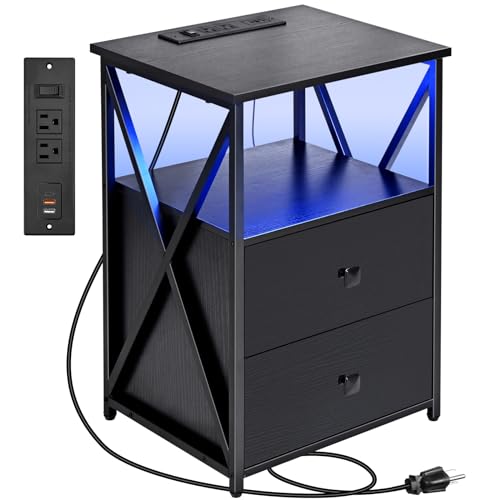Livofloral LED Nightstands with Charging Station, Black Side Tables with Storage, End Tables with Charging Station, Bedside Table with Wooden Storage Drawers for Bedroom, Side Tables Living Room - color: Black, size: 1 Pack