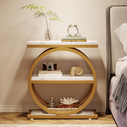 Tribesigns End Table with Storage Shelves, 3-Tier Wooden Industrial Sofa Side Table with Black Metal Frames for Living Room, Slim Nightstand and Bedside Table for Bedroom, White & Gold - color: White