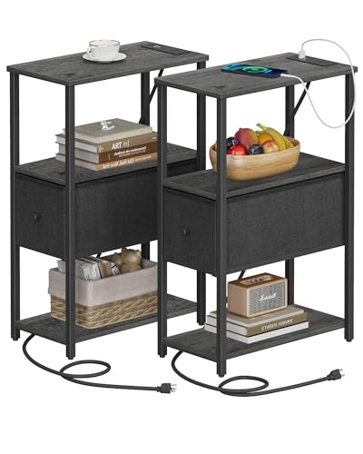 TUTOTAK Small Narrow End Table with Charging Station, Set of 2, Side Table with Outlets, Nightstand with Cloth Drawer, Couch Table, for Living Room, Bedroom, Bedside, Charcoal Grey TB01BY058 - color: Charcoal Grey, style: 1 Drawer & Plug
