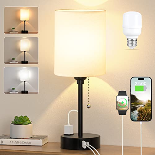 Small Bedside Table lamp for Bedroom - 3 Color Temperatures Bedside Lamps with USB C and A Ports, Pull Chain Table Lamps with AC Outlet, White Nightstand Lamps with Black Metal Base for Kids Reading - color: White, size: 14.6 in