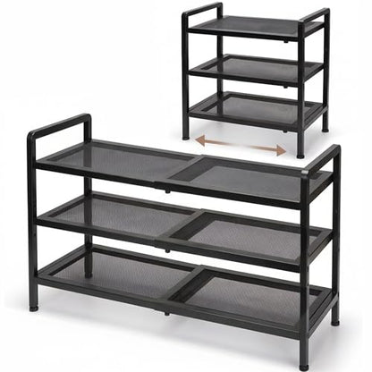 Varhomax Expandable Shoe Rack for Closet and Entryway 3-Tier | Adjustable Shoe Organizer, Sturdy Black Metal Storage Shelf for Apartment, Dorm, Small Spaces