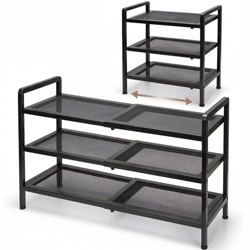 Varhomax Expandable Shoe Rack for Closet and Entryway 3-Tier | Adjustable Shoe Organizer, Sturdy Black Metal Storage Shelf for Apartment, Dorm, Small Spaces