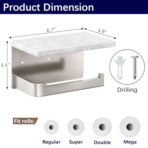 Gypie Toilet Paper Holder with Shelf, Extended Base Wall Mounted, Marble Toilet Roll Holder Brushed Nickel for Bathroom Washroom - color: Brushed Nickel, size: Marble