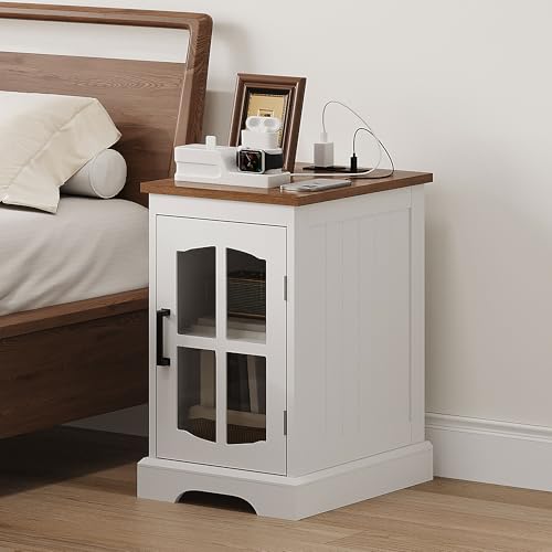 ChooChoo Farmhouse End Table Set of 2 with Charging Station, Nightstand with Adjustable Shelf and Glass Door, White Side Table for Living Room, Bedroom - color: White