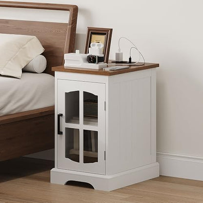 ChooChoo Farmhouse End Table Set of 2 with Charging Station, Nightstand with Adjustable Shelf and Glass Door, White Side Table for Living Room, Bedroom - color: White
