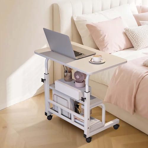 Adjustable Height Mobile Standing Desk with Wheels – Portable Rolling Computer Table – Storage Shelves – Home Office & Small Spaces - color: White 80 X 40cm