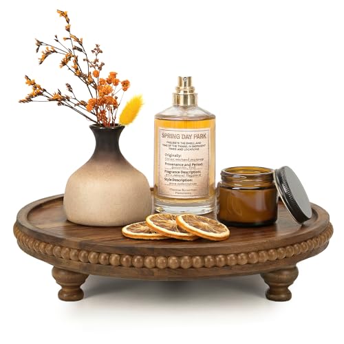EOSAHR Acacia Wood Beaded Round Display Riser for Room Decor – 3-Leg Wooden Pedestal Stand for Coffee Table Decor, Cake Stand, Perfume & Vanity Organizer – Boho Home Decor for Kicthen Counter (Acacia Wood) - color: Acacia