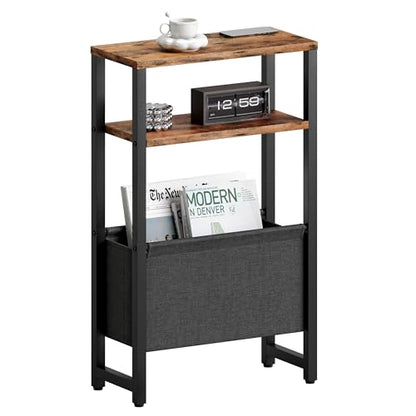 Narrow Side Table, Slim End Table with Magazine Rack, Skinny Bedside Table for Small Spaces, 3 Tier Sofa Couch Table Nightstand for Living Room, Bedroom, Rustic Brown LET503R - color: Rustic Brown, style: No Charging Station