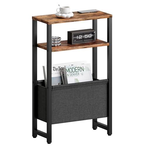 Narrow Side Table, Slim End Table with Magazine Rack, Skinny Bedside Table for Small Spaces, 3 Tier Sofa Couch Table Nightstand for Living Room, Bedroom, Rustic Brown LET503R - color: Rustic Brown, style: No Charging Station