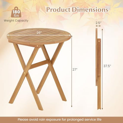 Tangkula 26-Inch Acacia Wood Outdoor Dining Table, Folding Round Patio Bistro Table with Slatted Tabletop & X-Shaped Frame, Outside Dining Table for Porch, Garden, Backyard, Poolside - size: 26"