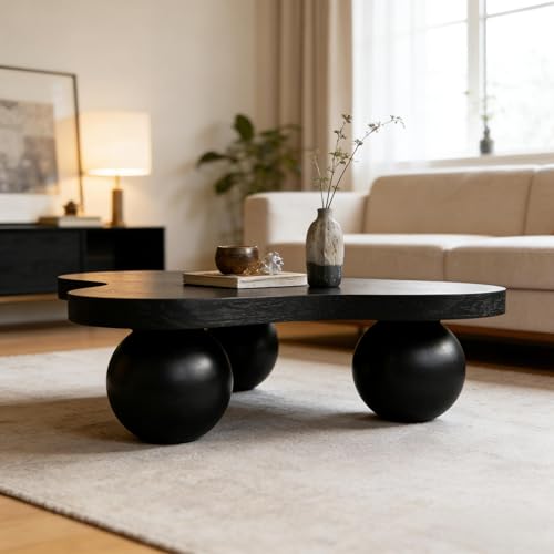 46" Cloud Coffee Table with 3 Ball Legs, Modern Irregular Center Table for Living Room, Low Cute Small MDF Tea Table for Bedroom, Space Apartment, Black - color: Cloud-46" Black