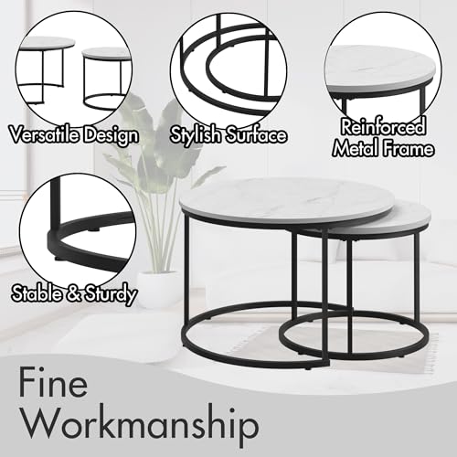 Nesting Coffee Table Set of 2 Round Side Tables, 27.6 Inch Marble Top Coffee Table with Metal Frame for Small Space, Living Room, Bedroom, Balcony & Apartment(White) - color: White