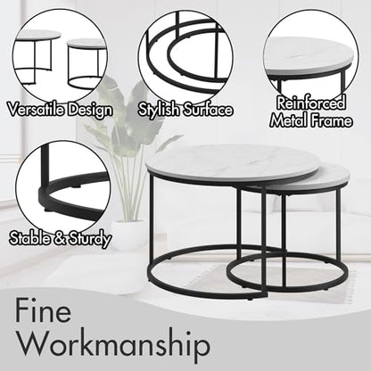 Nesting Coffee Table Set of 2 Round Side Tables, 27.6 Inch Marble Top Coffee Table with Metal Frame for Small Space, Living Room, Bedroom, Balcony & Apartment(White) - color: White