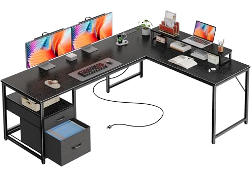 PRAISUN 63 Inch L Shaped Desk with Power Outlets and USB-C Port, Computer Corner Home Office Desk with File Fabric Drawers and Movable Monitor Stand, Larger Storage, Gaming, Writing, Work, Black