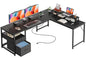 PRAISUN 63 Inch L Shaped Desk with Power Outlets and USB-C Port, Computer Corner Home Office Desk with File Fabric Drawers and Movable Monitor Stand, Larger Storage, Gaming, Writing, Work, Black