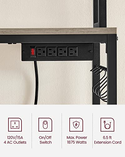 VASAGLE Bakers Rack with Power Outlet, Microwave Stand, Kitchen Tall Utility Storage Shelf, with Metal Wire Panel, 14 Hooks, 15.7 x 31.5 x 66.9 Inches, Heather Greige and Ink Black UKKS025B02 - color: Heather Greige + Ink Black, size: 31.5"W