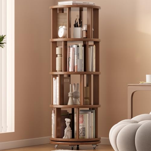 Solid Wood Rotating Bookshelf on Wheels, 4 Tier, Round Revolving Bookcase, 360° Spinning Book Shelf Tower for Kids, Narrow Rolling Bookshelves for Small Space, Corner, Bedroom, Office, Walnut - color: Walnut, size: 4 Tier