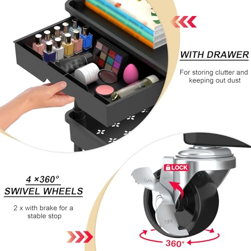 Goovilla 3 Tier Rolling Utility Cart Organizer with Removable Drawer, Stable and Sturdy Black Rolling Storage Carts with 2 Lockable Wheels for Bathroom, Kitchen, Snack, Craft, Makeup, Baby Essentials - size: 3 Tier, style: Black