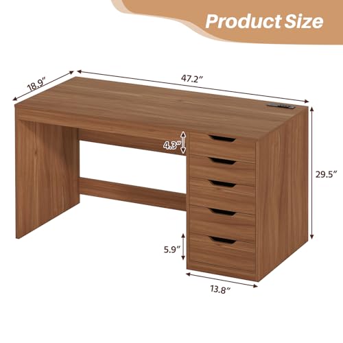 YOMILUVE 47 Inch Computer Desk with 5 Drawers and Power Outlets, Home Office Desks with Storage File Cabinet, Modern Simple Laptop Desk Writing Table for Small Spaces, Brown - color: Brown