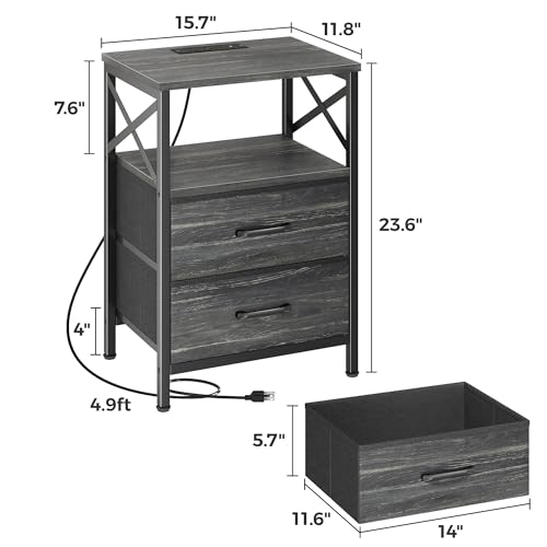 Huuger Nightstands Set of 2, Night Stand with Charger Station, 2 Drawer Side Table with Open Shelf, USB-C Port, End Table for Small Spaces, X Shaped Side Rail, Charcoal Black - color: Charcoal Black Wood Grain Print