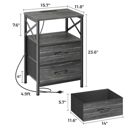 Huuger Nightstands Set of 2, Night Stand with Charger Station, 2 Drawer Side Table with Open Shelf, USB-C Port, End Table for Small Spaces, X Shaped Side Rail, Charcoal Black - color: Charcoal Black Wood Grain Print