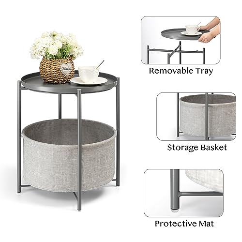 danpinera Round Side Table with Fabric Storage Basket,Small Sofa Table | Metal End Stand for Small Space, Living Room, Bedroom, Nursery, Laundry, Modern Nightstand with Removable Serving Tray, Gray - color: Grey
